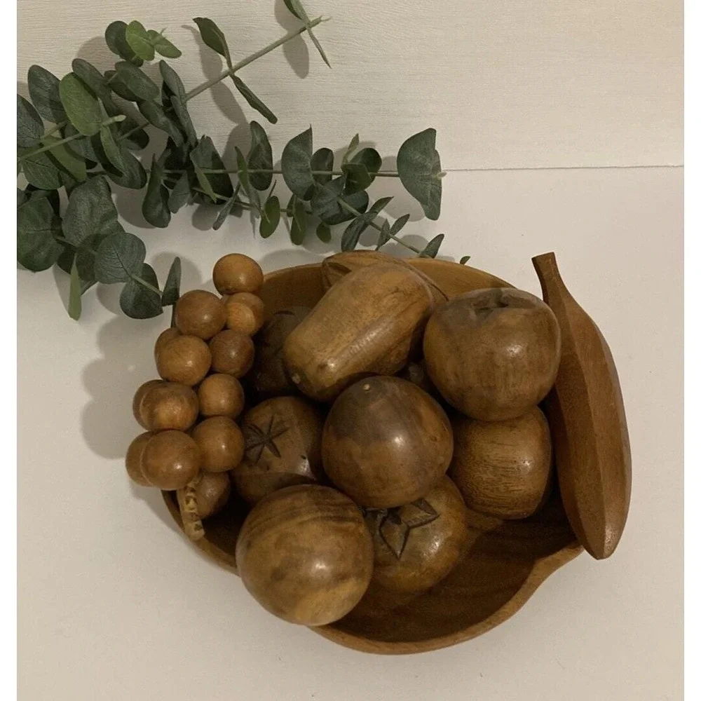 Vintage Hand Carved Wood Fruit and Bowl (14 Pieces) Tiki Party Decor Boho